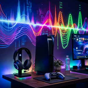 PlayStation 5 console with controller, gaming headset, monitor showing PS5 interface, and RGB lighting.